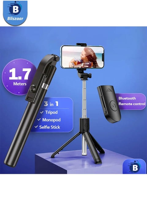 67 Inch Extendable Phone Tripod and Camera Stand,  3 In 1 with Bluetooth Remote and Clip, Selfie stick for smartphone, Monopod for phone, Black
