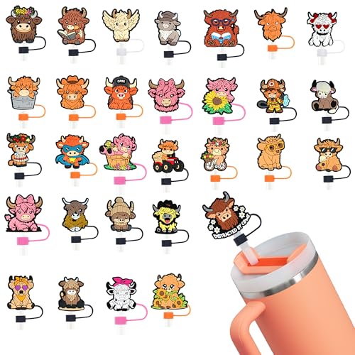 Ibuclein Straw Cover Caps for Stanley Cup Highland Cow Theme,30PCS Highland Cattle Drinking Straw Toppers,10mm Dust-Proof Reusable Straw Cap Tips Lids,Bulk PVC Straw Protector for Party Gifts(Highland Cow) - Image 1