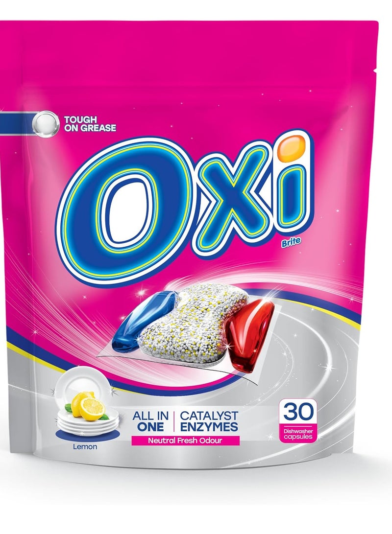 أوكسي كبسولات برايت لغسالة الأطباق تركيبة إنزيمية متكاملة قوية على الشحوم برائحة الليمون من اوكسي، 30 كبسولة - Image 1