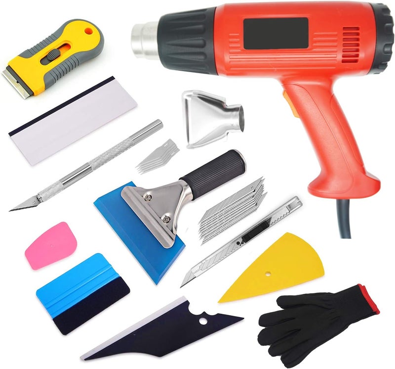 CARTINTS 12Piece Car Vinyl Wrap Window Film Install Tools Set for Applying Vinyl Wrap Glass Window Tint Film with Heat Gun, Squeegee, Scraper, Work Gloves, Utility Knife - Image 1