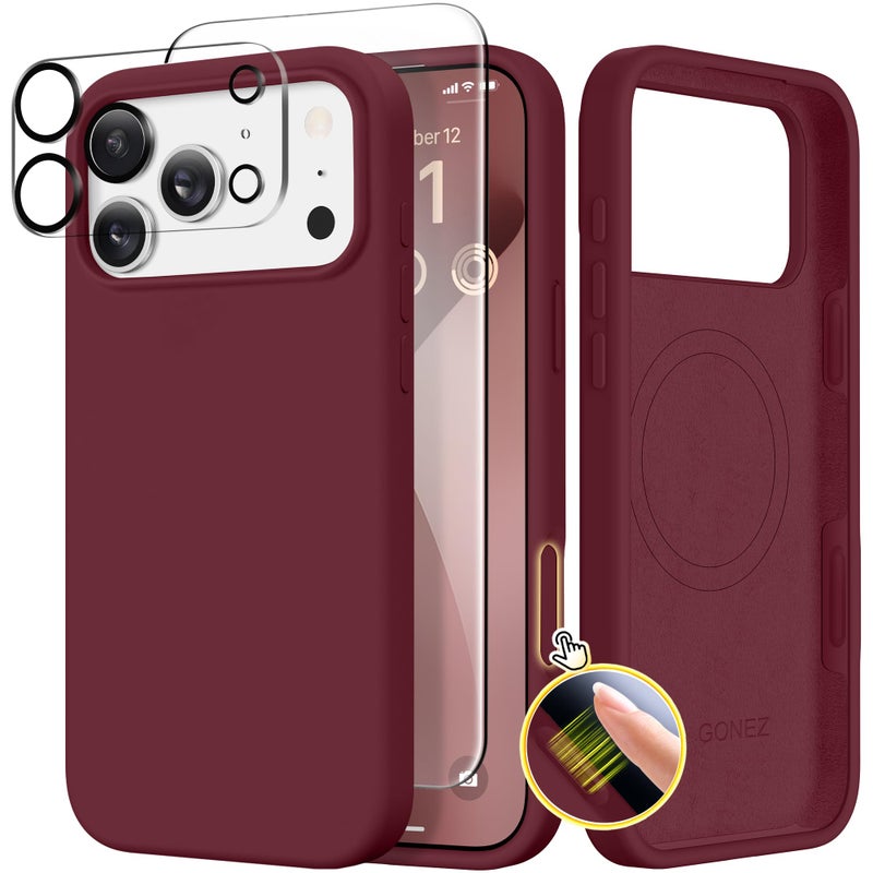 GONEZ Magnetic for iPhone 17 Pro Max Case, Compatible with MagSafe, [Screen Protector + Camera Lens Protector], Liquid Silicone Anti-Scratch Shockproof Protective Phone Case 6.9 inch, Maroon - Image 1