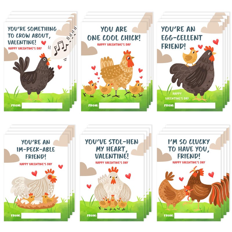 Demonwer 24 Pcs Valentine's Day Cards Cute Chicken Greeting Cards Chicken Valentine's Day Gift Tags Exchange Gifts for Party Favor - Image 1