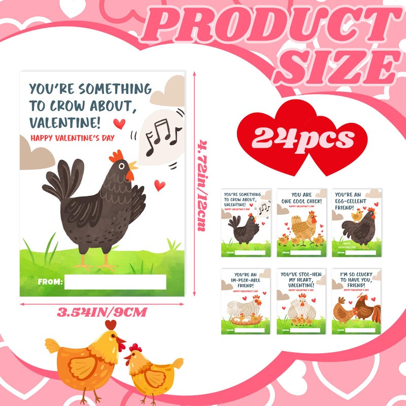 Demonwer 24 Pcs Valentine's Day Cards Cute Chicken Greeting Cards Chicken Valentine's Day Gift Tags Exchange Gifts for Party Favor - Image 2