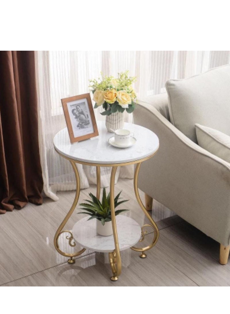 Generic Elegant Round Side Table – Marble Top with Gold Metal Frame & Shelf | Luxury End Table for Living Room, Bedroom or Office