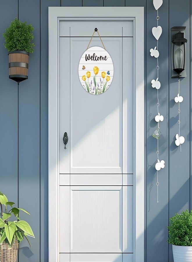 YUNKKIN Spring Decorations for Home Spring Door Decor Butterfly Tulip Wall Decor Wooden Tulip Wreaths for Front Door Hanger Welcome Sign for Porch Wall Indoor Home Decor(Yellow) - Image 3