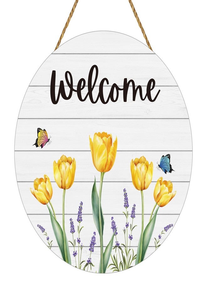 YUNKKIN Spring Decorations for Home Spring Door Decor Butterfly Tulip Wall Decor Wooden Tulip Wreaths for Front Door Hanger Welcome Sign for Porch Wall Indoor Home Decor(Yellow) - Image 1