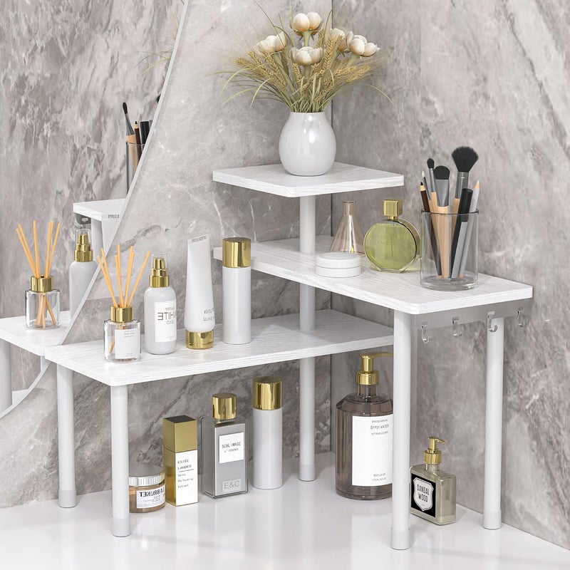 JayRex Wear resistant upgraded material Bathroom Organizer Countertop Corner Shelf, 3 Tier Moveable Organizer for Make Up, Dresser Table, Desktop (White) Space saving design picks - Image 1