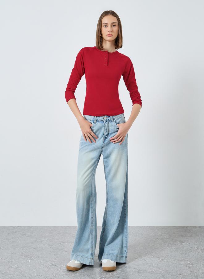 Styli Red Ribbed Henley Neck T-Shirt - Image 2