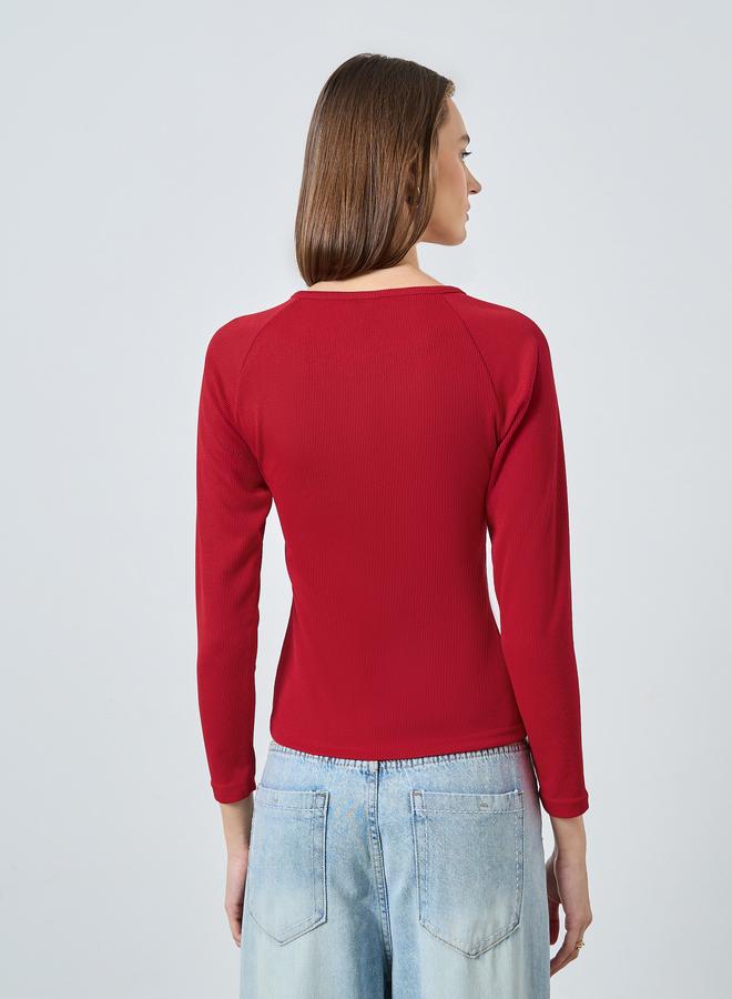 Styli Red Ribbed Henley Neck T-Shirt - Image 4