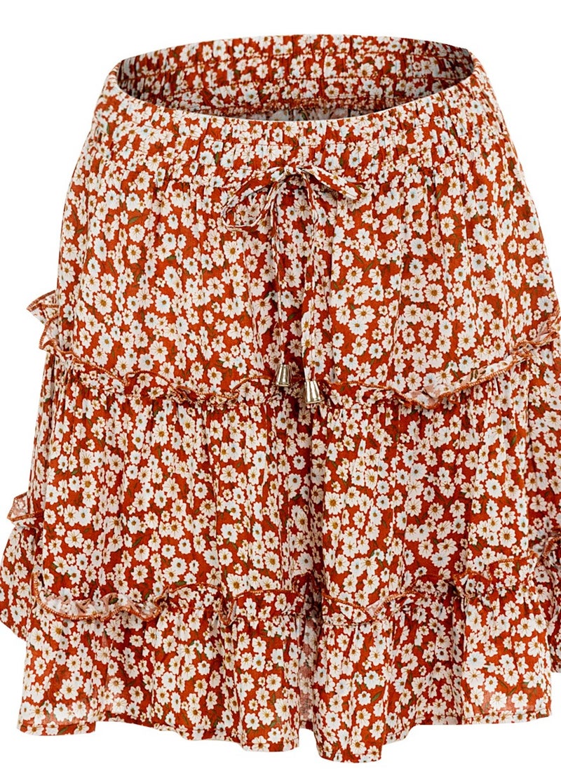 Loquat - New Women's High-waisted Floral Half Skirt Peplum Printed A-Line Short Skirt - Image 1