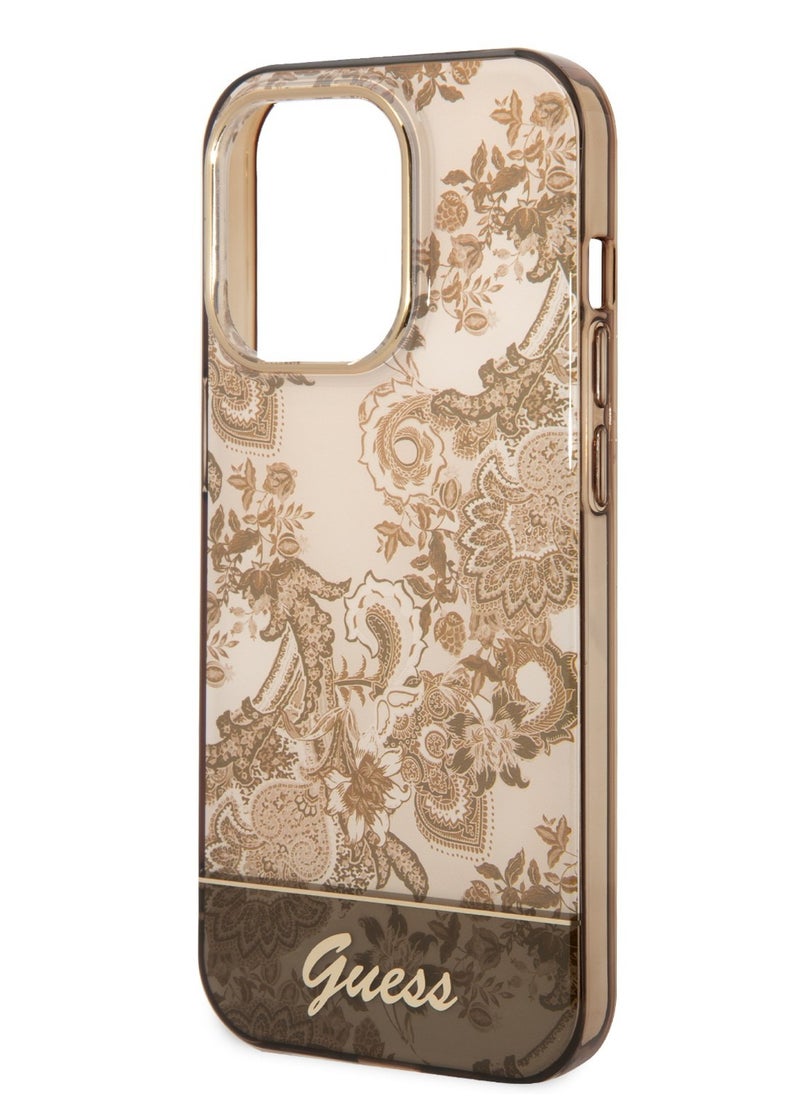 Guess PC/TPU IML Case With Double Layer Electroplated Camera Outline & Toile De Jouy For iPhone 14 Pro - Ochre [ GUHCP14LHGPLHC ]