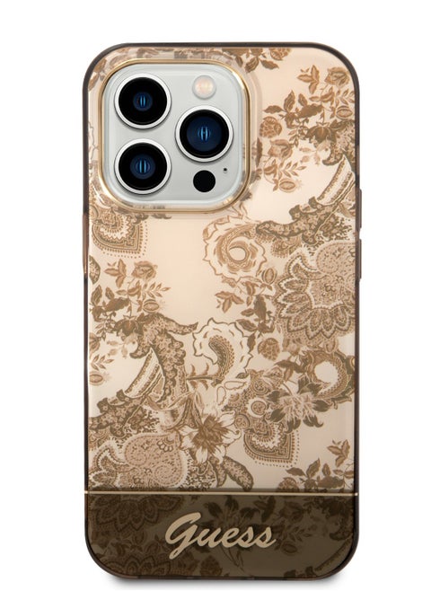 Guess PC/TPU IML Case With Double Layer Electroplated Camera Outline & Toile De Jouy For iPhone 14 Pro - Ochre [ GUHCP14LHGPLHC ]