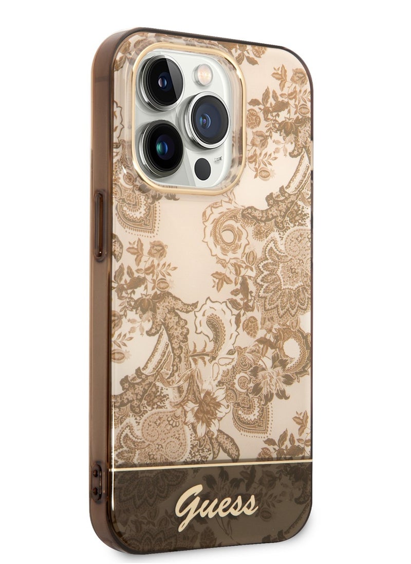 Guess PC/TPU IML Case With Double Layer Electroplated Camera Outline & Toile De Jouy For iPhone 14 Pro - Ochre [ GUHCP14LHGPLHC ]
