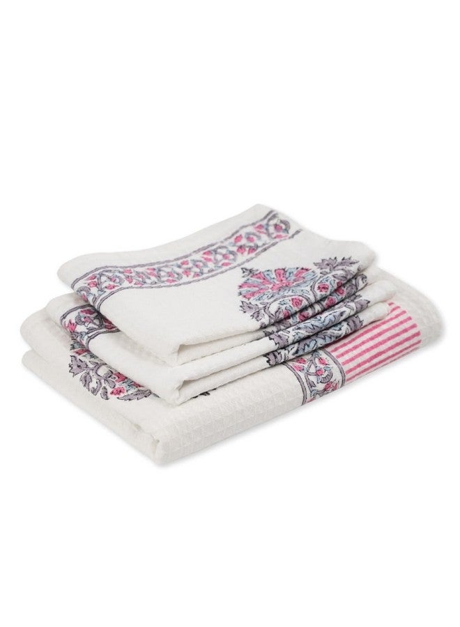 Peepul Tree Block Printed Hand and Bath Towels, Super Absorbent, Soft & Faster Drying, Floral Printed 100% Pure Cotton, 240 GSM (2 Hand and 1 Bath Towel Set, Pink) - Image 1
