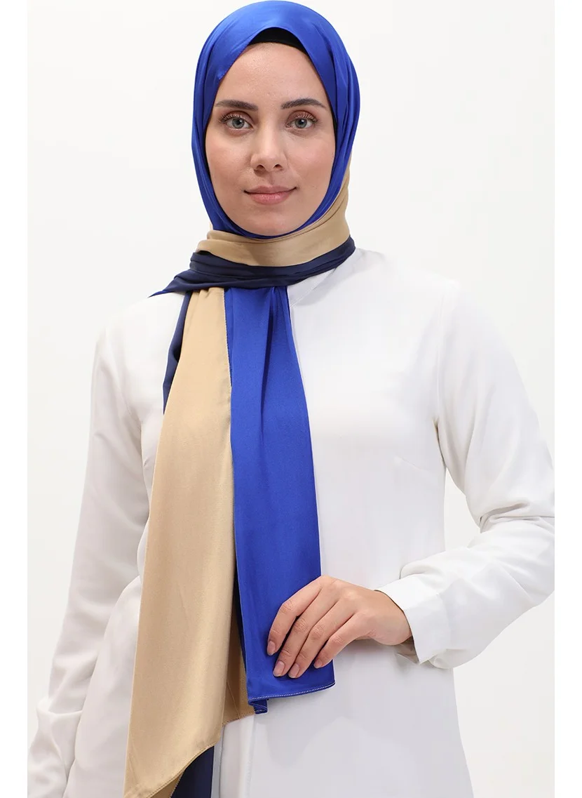 Sefa Merve Karaca Three Color Shawl 81049-40 Gold Navy Blue Saxe