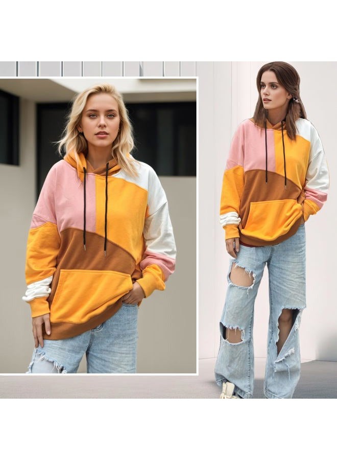 XIAOYAO Men's Fashion Hoodies Techwear Contrast Color Oversize Sweatshirts, Unisex Lightweight Patchwork Hip Hop Pullover Yellow  - Image 5