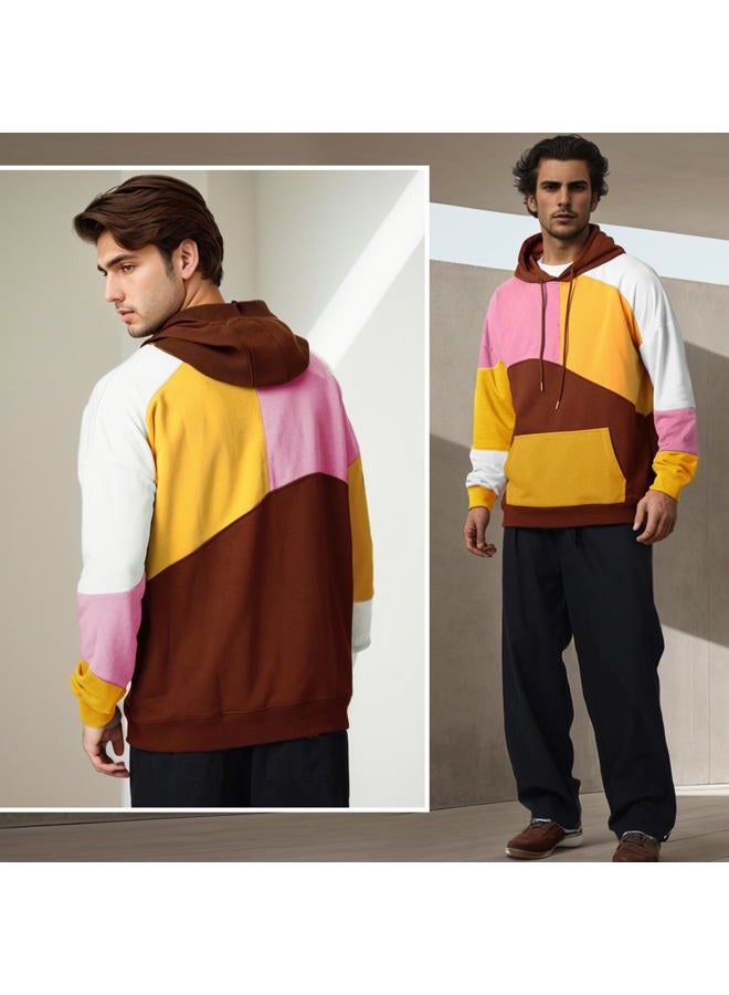 XIAOYAO Men's Fashion Hoodies Techwear Contrast Color Oversize Sweatshirts, Unisex Lightweight Patchwork Hip Hop Pullover Yellow  - Image 3