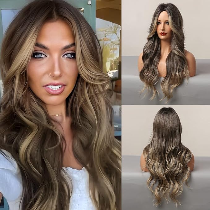 باروكات HAIRCUBE الطويلة المجعدة البنية للنساء باروكة شعر صناعية بتقسيم وسطي