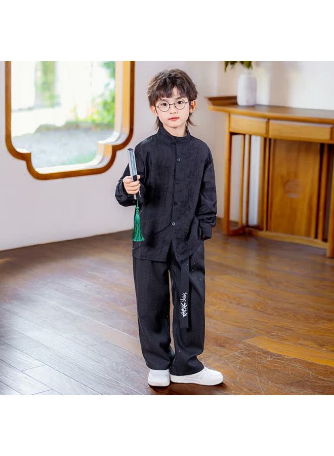 Luobobeibei Boys' New Chinese Style Long Sleeve Shirt Children's National Style Host New Year Outfit Flower Boy Suit Black Two-piece Set 140 - Image 5