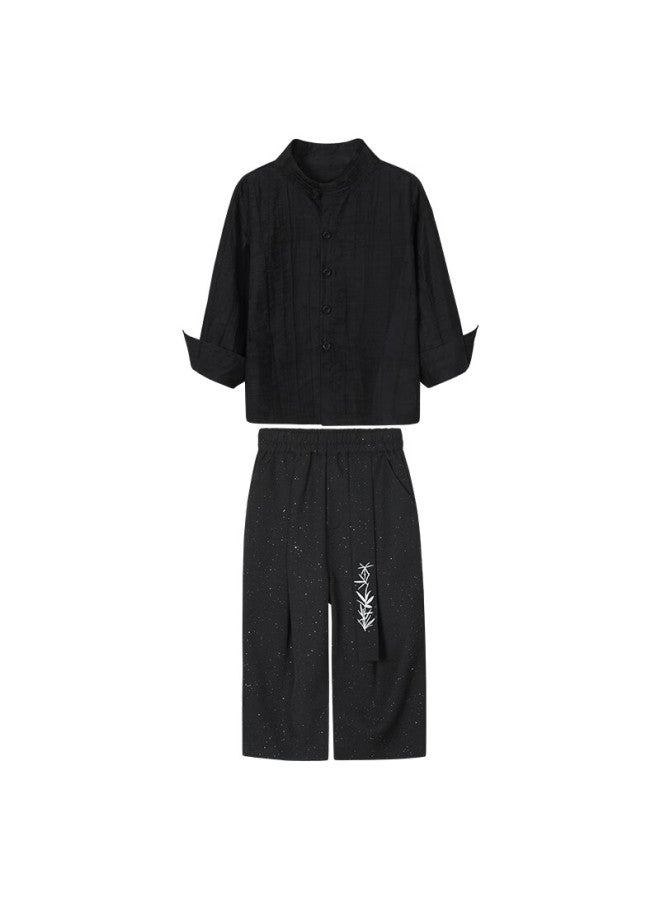 Luobobeibei Boys' New Chinese Style Long Sleeve Shirt Children's National Style Host New Year Outfit Flower Boy Suit Black Two-piece Set 140 - Image 4