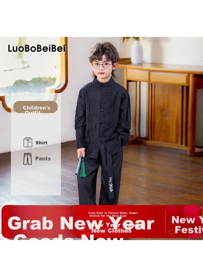 Luobobeibei Boys' New Chinese Style Long Sleeve Shirt Children's National Style Host New Year Outfit Flower Boy Suit Black Two-piece Set 140 - Image 1