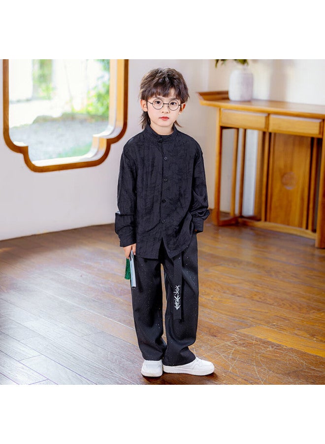 Luobobeibei Boys' New Chinese Style Long Sleeve Shirt Children's National Style Host New Year Outfit Flower Boy Suit Black Two-piece Set 140 - Image 2