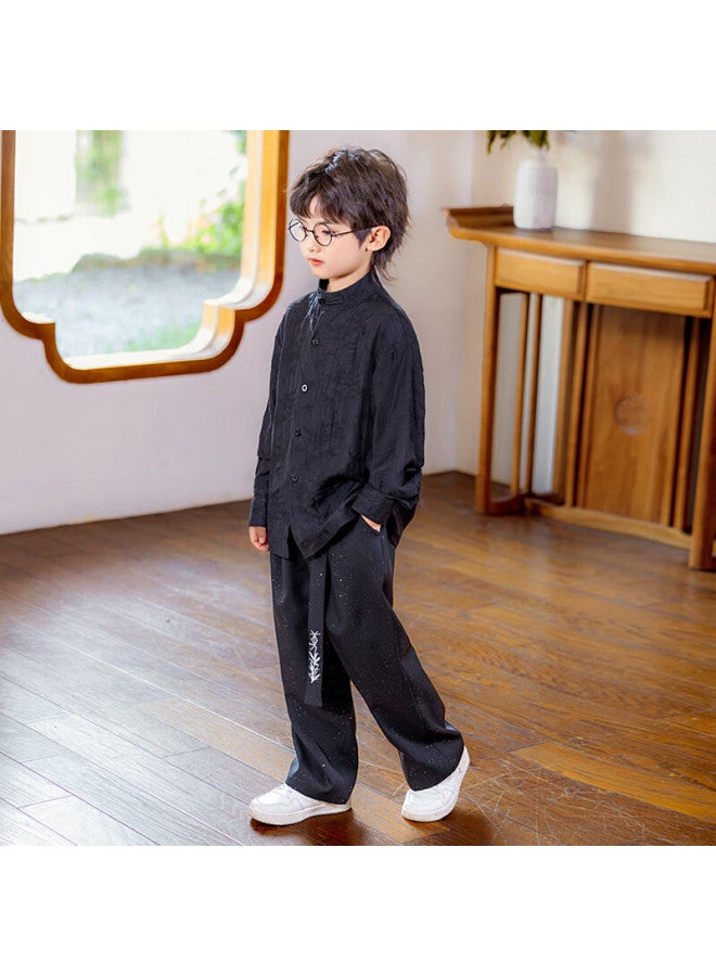 Luobobeibei Boys' New Chinese Style Long Sleeve Shirt Children's National Style Host New Year Outfit Flower Boy Suit Black Two-piece Set 140 - Image 3