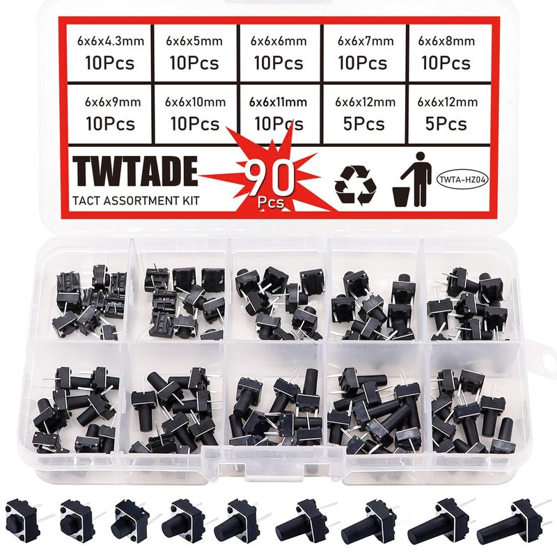 TWTADE 90PCS 2 Pin Tactile Switch Micro Momentary Tact Push Button Switch Assortment Kit 6 x 6 x 4.3/5/6/7/8/9/10/11/12mm(Each Values 10pcs) QC-9V-2P - Image 1