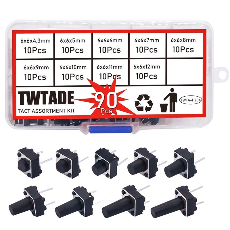 TWTADE 90PCS 2 Pin Tactile Switch Micro Momentary Tact Push Button Switch Assortment Kit 6 x 6 x 4.3/5/6/7/8/9/10/11/12mm(Each Values 10pcs) QC-9V-2P - Image 5