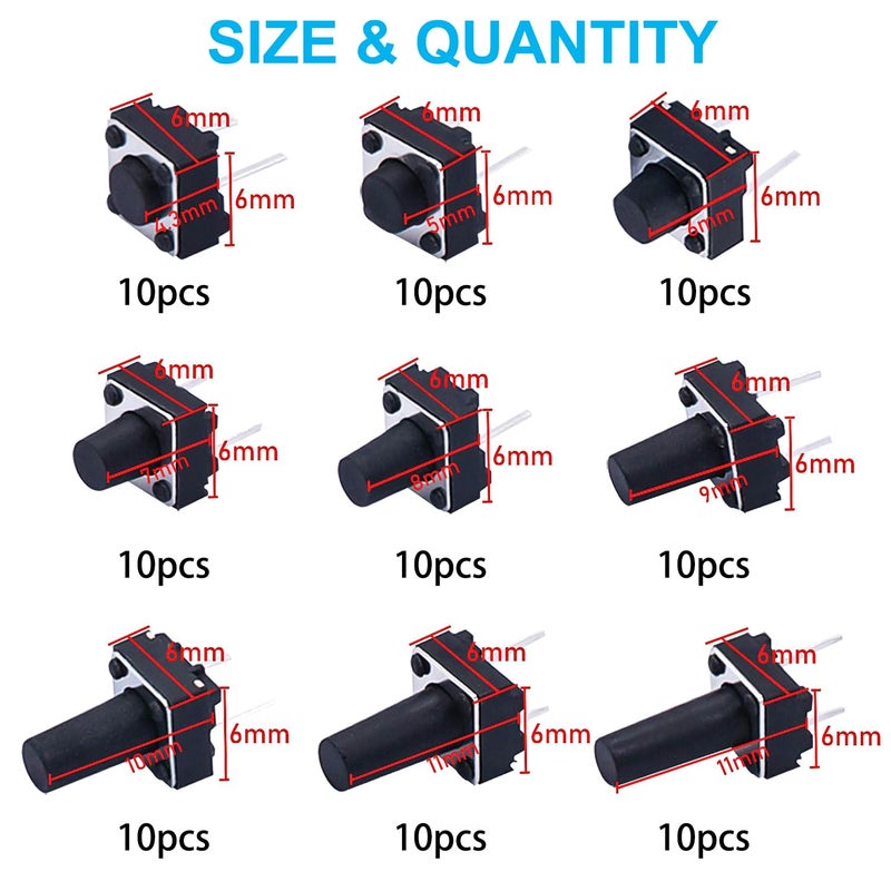 TWTADE 90PCS 2 Pin Tactile Switch Micro Momentary Tact Push Button Switch Assortment Kit 6 x 6 x 4.3/5/6/7/8/9/10/11/12mm(Each Values 10pcs) QC-9V-2P - Image 2