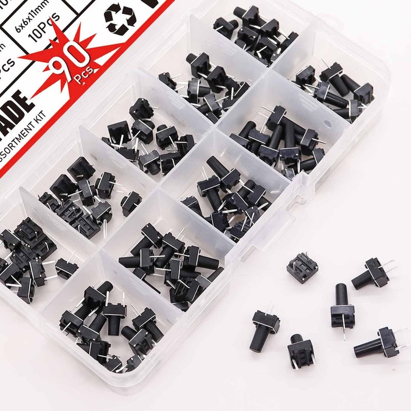 TWTADE 90PCS 2 Pin Tactile Switch Micro Momentary Tact Push Button Switch Assortment Kit 6 x 6 x 4.3/5/6/7/8/9/10/11/12mm(Each Values 10pcs) QC-9V-2P - Image 4