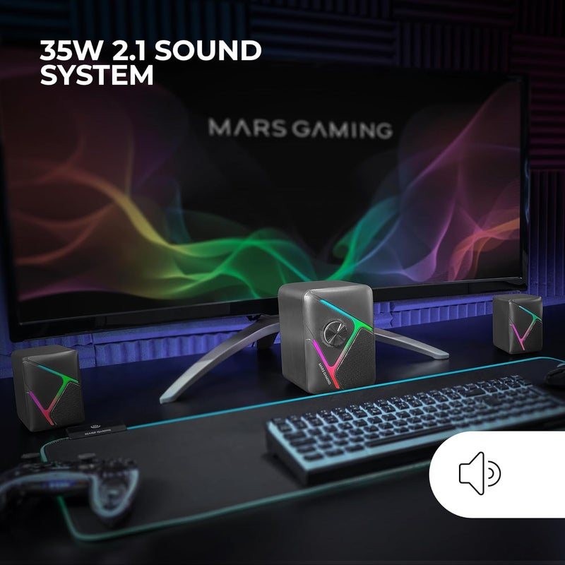 MARS GAMING MS-H21, RGB 2.1 Gaming Speakers and 35W Subwoofer, Inverted 3D Surround Speaker System, Compact RGB Dynamic Backlight Speakers, USB Power and 3.5mm Jack Connector, Black - Image 2