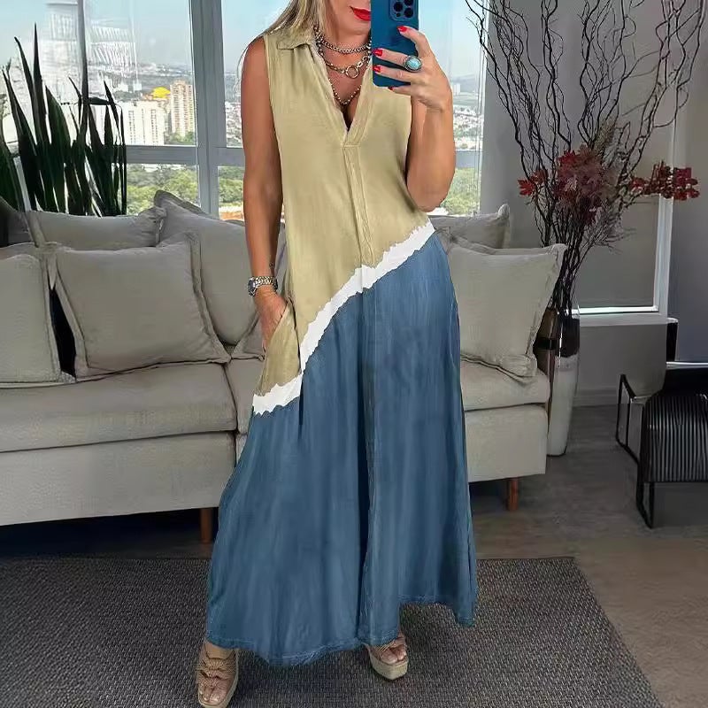 فستان ماكسي مطبوع بياقة V موضة 2024 كاجوال كوري - Image 1