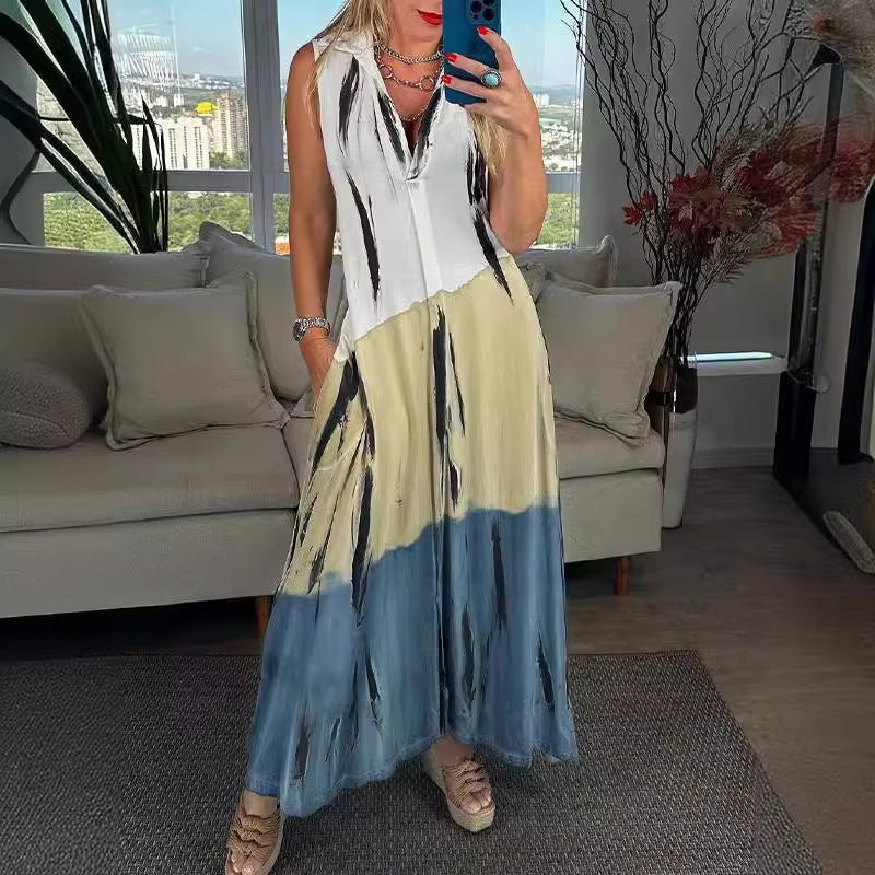 فستان ماكسي مطبوع بياقة V موضة 2024 كاجوال كوري - Image 2