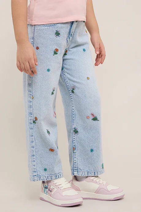 R&b Embroidered Wide Leg Jeans with Button Closure