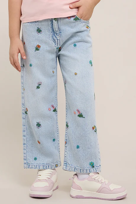 R&b Embroidered Wide Leg Jeans with Button Closure