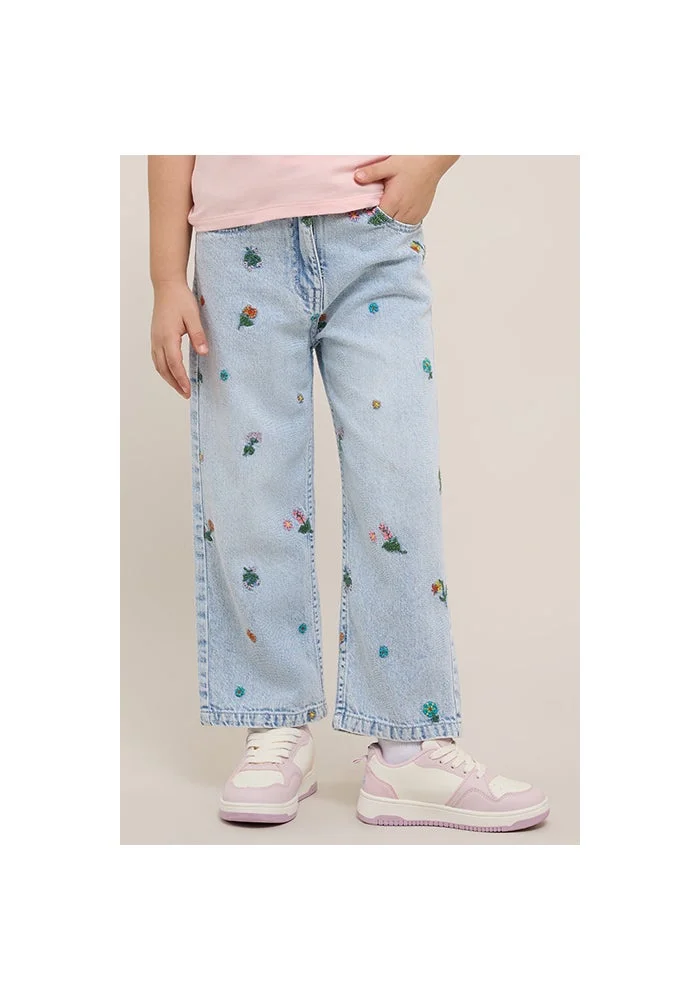 أر أند بي Embroidered Wide Leg Jeans with Button Closure