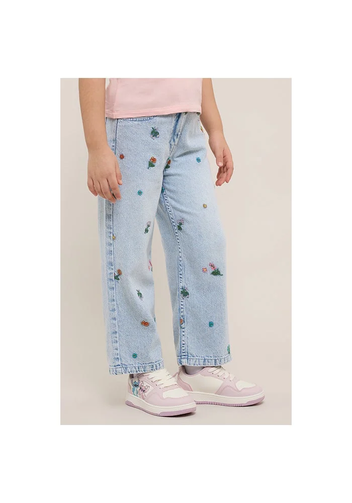 أر أند بي Embroidered Wide Leg Jeans with Button Closure