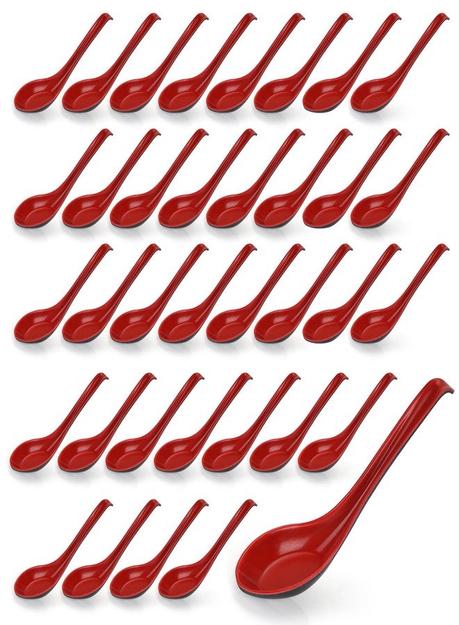 Axigundaone 50 Pcs 6.3 Inch Asian Soup Spoons Bulk, Chinese Japanese Soup Spoon with Hook, Long Handle Ramen Soup Spoons for Noodles, Stews, Wonton, Dumpling(Red and Black) - Image 1