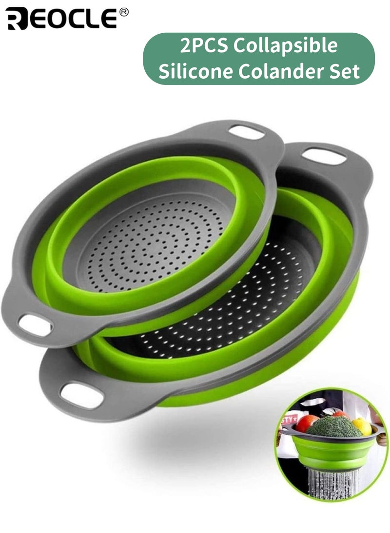 ريوكل 2 قطعة مصفاة سيليكون قابلة للطي مستديرة موفرة للمساحة سلة تصفية لتصفية المعكرونة والخضروات والفواكه مثالية لحوض المطبخ والاستخدام أثناء السفر - Image 1