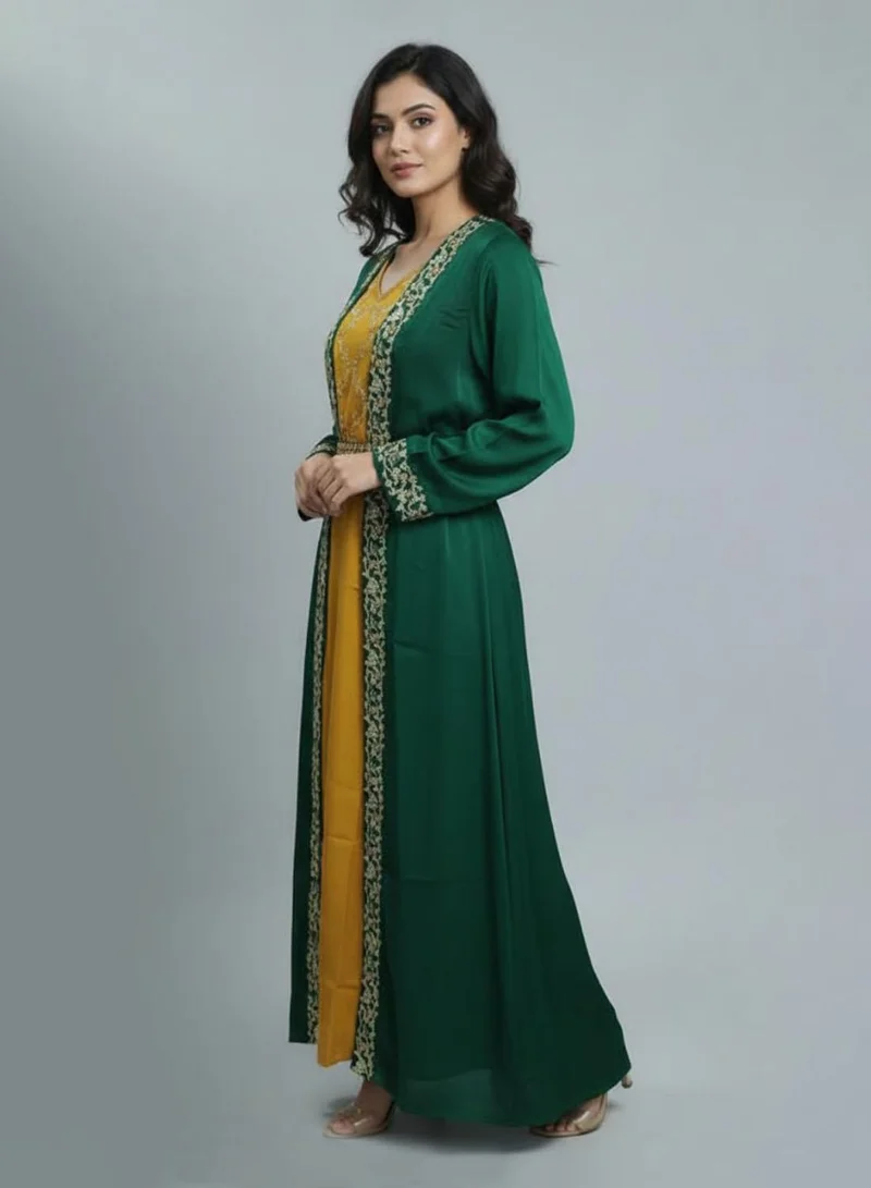 كشخة جلابية يدوية خضراء داكنة مع بطانة خردلية