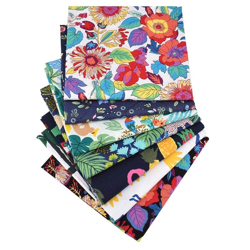QiMicody Fat Quarters Fabric Bundles, 7Pcs 100% Cotton 19.69â€ x 15.75â€ (50cmx40cm) Precut Quilting Fabric Squares Sheets for DIY Patchwork Sewing Quilting Crafting, No Repeat Design (Flower Pattern) - Image 1