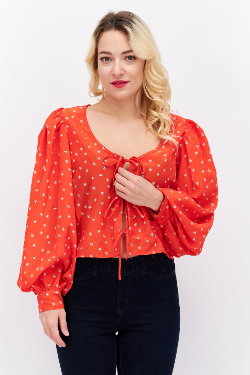 Levi's Women Tie Neck Long Sleeve Allover Print Top, Red - Image 1