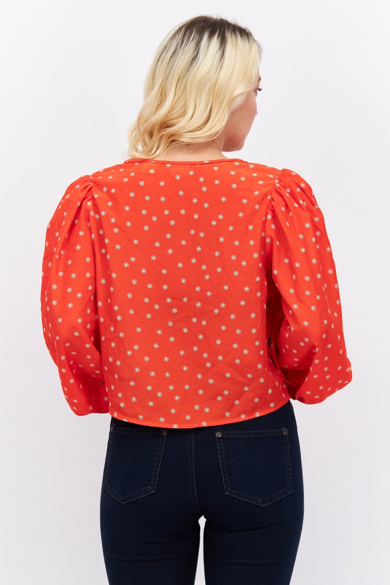 Levi's Women Tie Neck Long Sleeve Allover Print Top, Red - Image 3