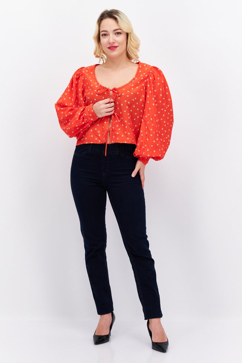 Levi's Women Tie Neck Long Sleeve Allover Print Top, Red - Image 2