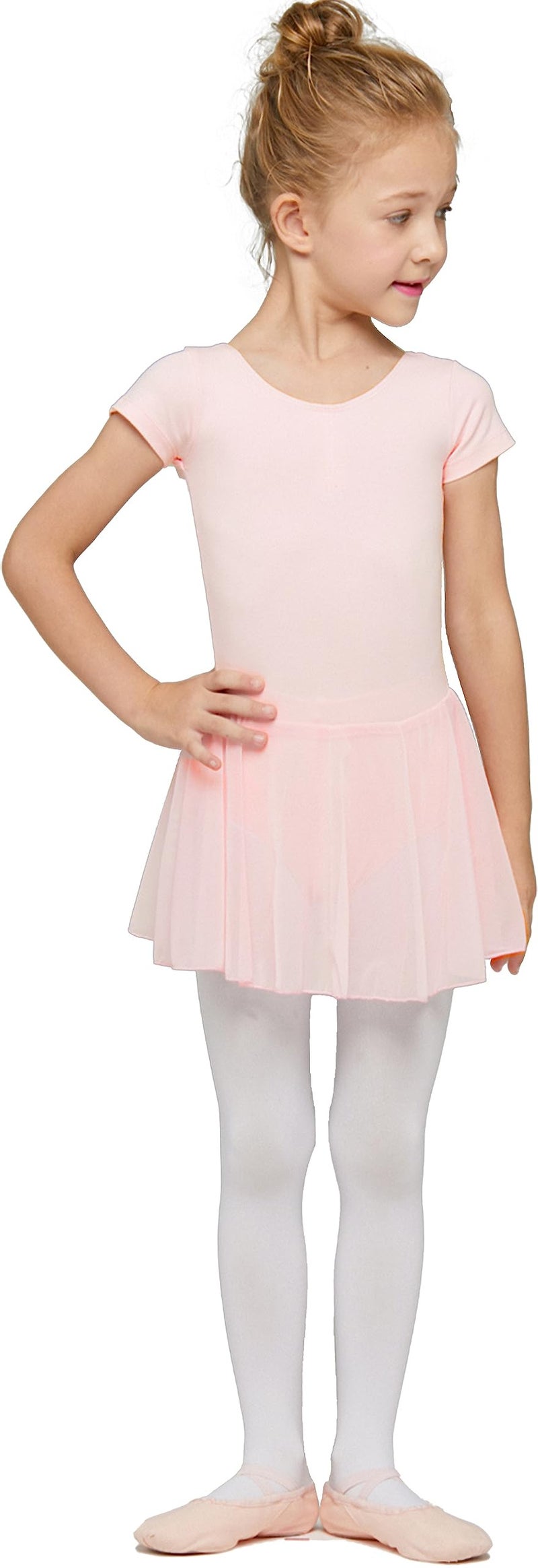MdnMd Toddler Dance Ballet Leotards for Girls Classic Short Sleeve Tutu Skirt Tights (Ballet Pink, Age 2-4 / 2t,3t) - Image 4