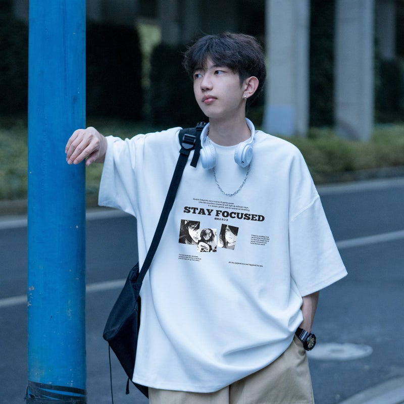 Heavy Print Short-Sleeved T-Shirt Men's Summer Fashion Brand Trendyy Youth Half-Sleeved Oversize Off-Shoulder T-Shirt