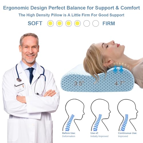Anvo Memory Foam Pillow, Neck Contour Cervical Orthopedic Bed Pillow for Sleeping Side Back Stomach Sleeper, Ergonomic Design for Neck and Shoulder Pain Relief, Blue White, Firm - Image 2