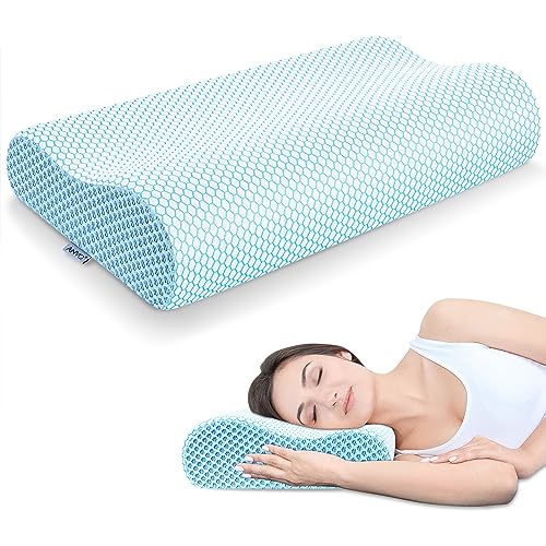 Anvo Memory Foam Pillow, Neck Contour Cervical Orthopedic Bed Pillow for Sleeping Side Back Stomach Sleeper, Ergonomic Design for Neck and Shoulder Pain Relief, Blue White, Firm - Image 1