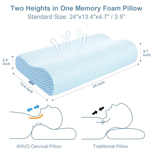 Anvo Memory Foam Pillow, Neck Contour Cervical Orthopedic Bed Pillow for Sleeping Side Back Stomach Sleeper, Ergonomic Design for Neck and Shoulder Pain Relief, Blue White, Firm - Image 3